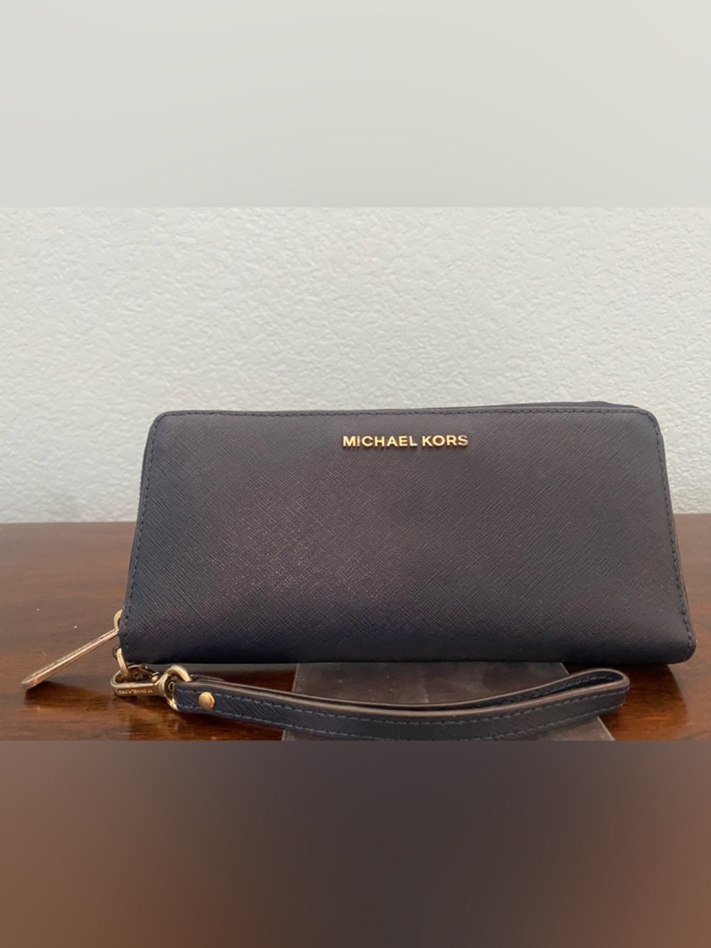Michael Kors Dark Blue Saffiano Zip-Around Wristlet with Gold Logo
